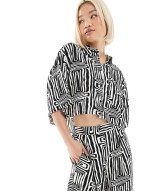 cropped shirt and trousers co-ord in mono print