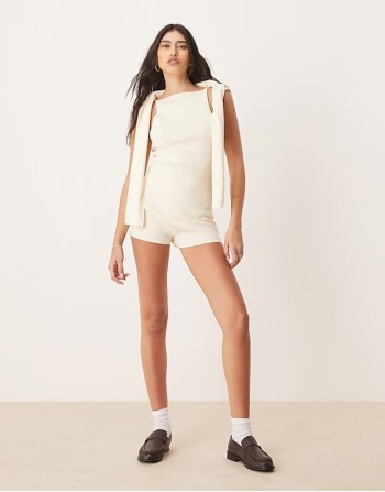 knitted compact cami top & structured shorts co-ord in buttermilk