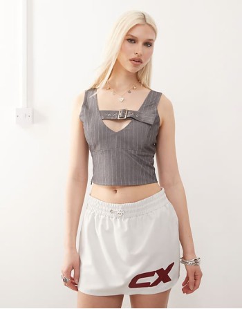 tailored buckle cami top in grey pinstripe
