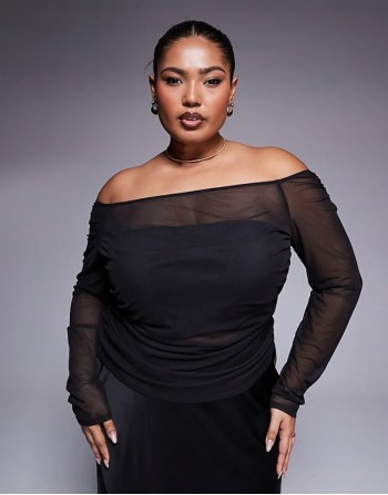 Curve gathered off the shoulder mesh top in black
