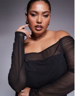 Curve gathered off the shoulder mesh top in black