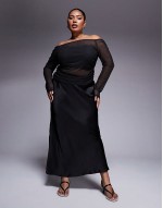 Curve gathered off the shoulder mesh top in black
